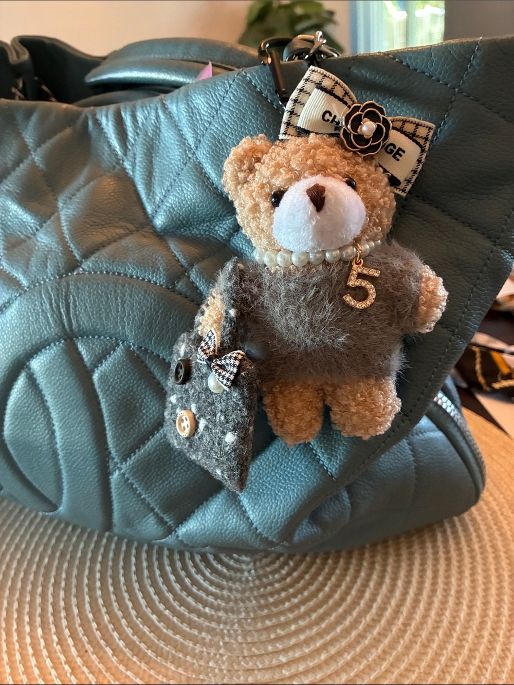 Plush Bear Keychain Bag Charm in Beige and Gray